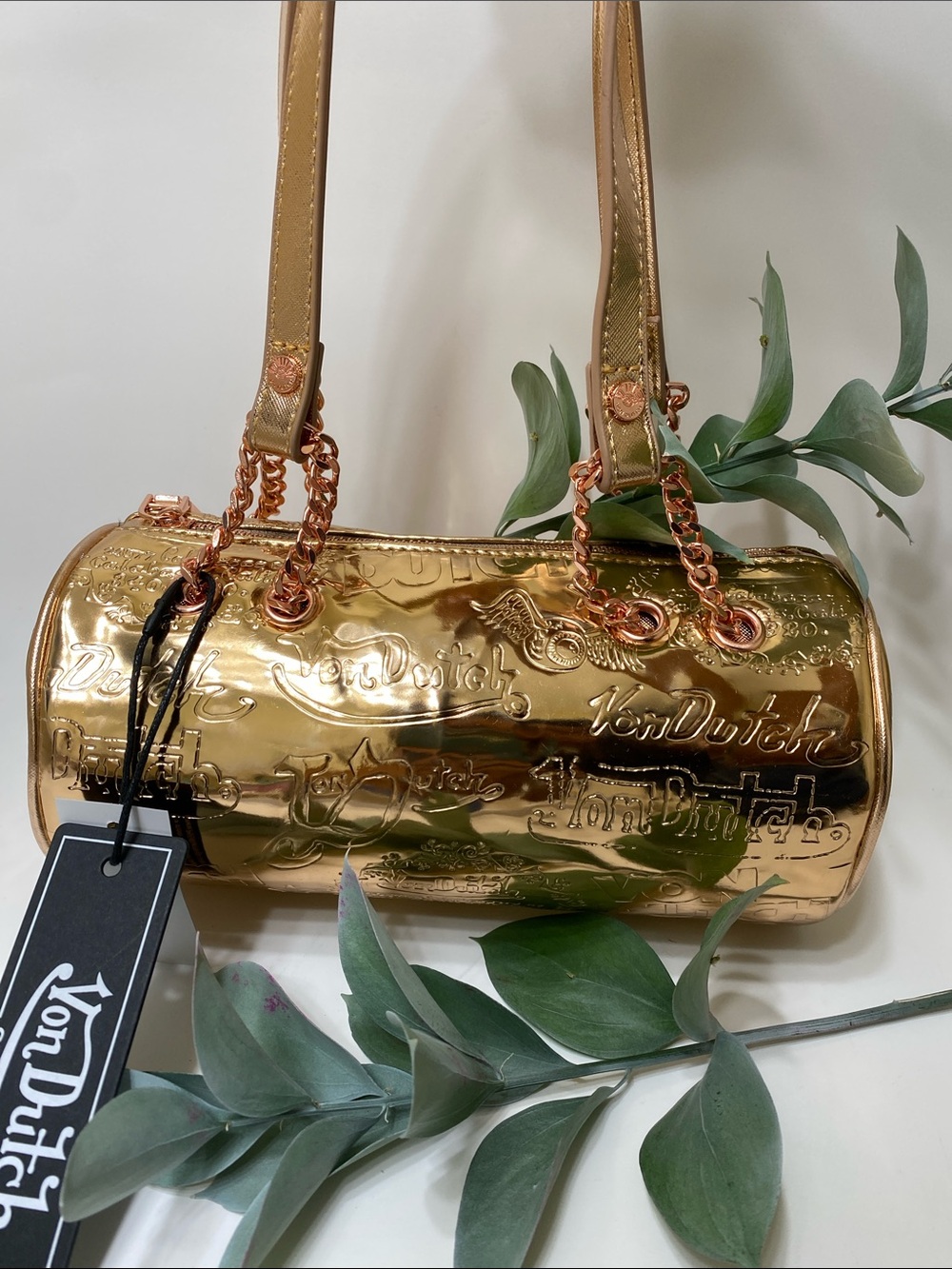 Von Dutch Gold Embossed Barrel Bag with Chain Straps